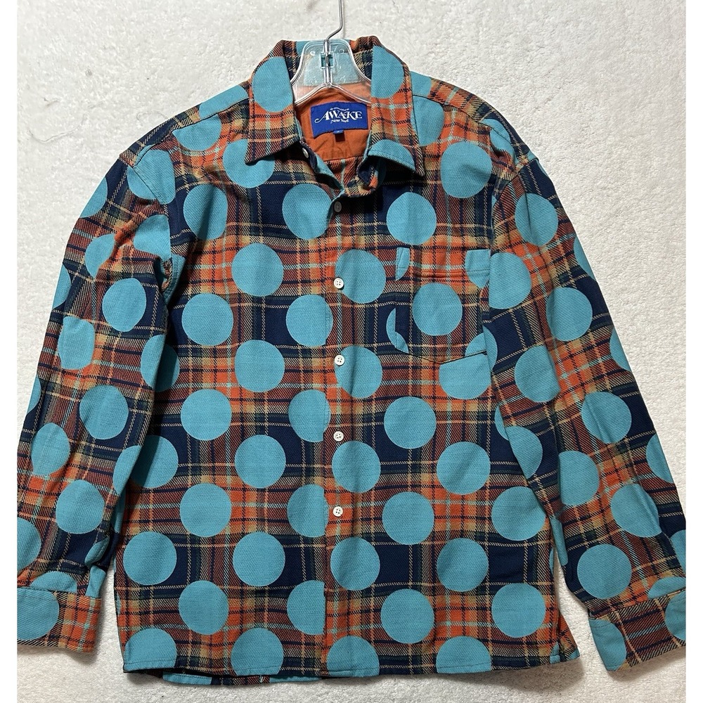 Awake NY Mens Size S Blue Polka Dot Long Sleeve Button Up Flannel Shirt (U2)